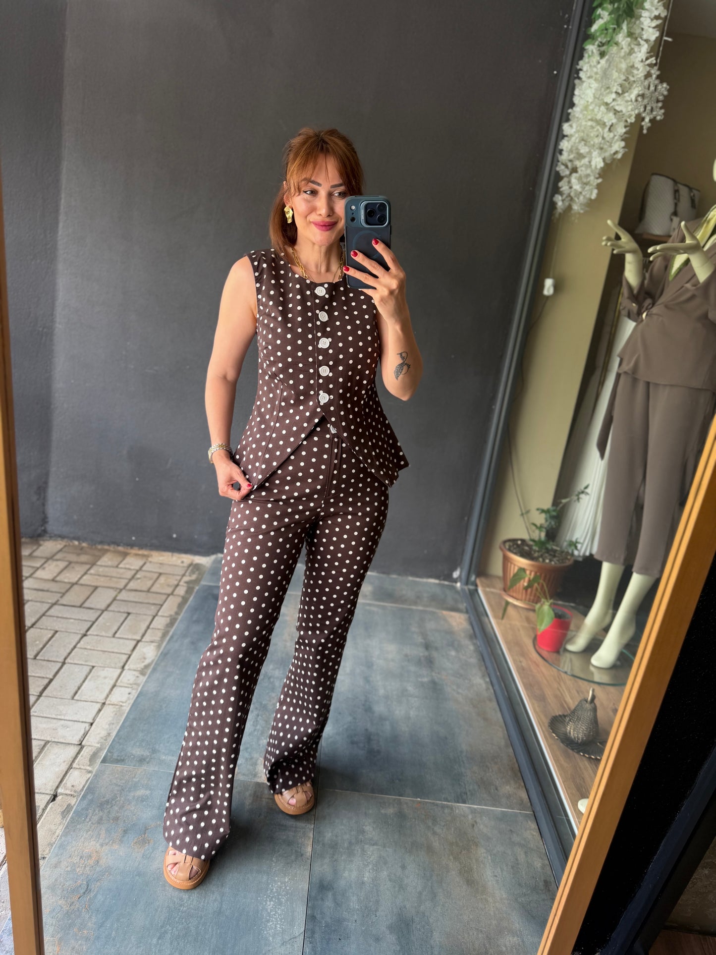Kahve Puantiyeli Vintage Pantolon Takımı