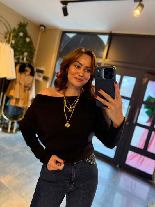 Mysecret Siyah Kayık Yaka Fitilli Bluz