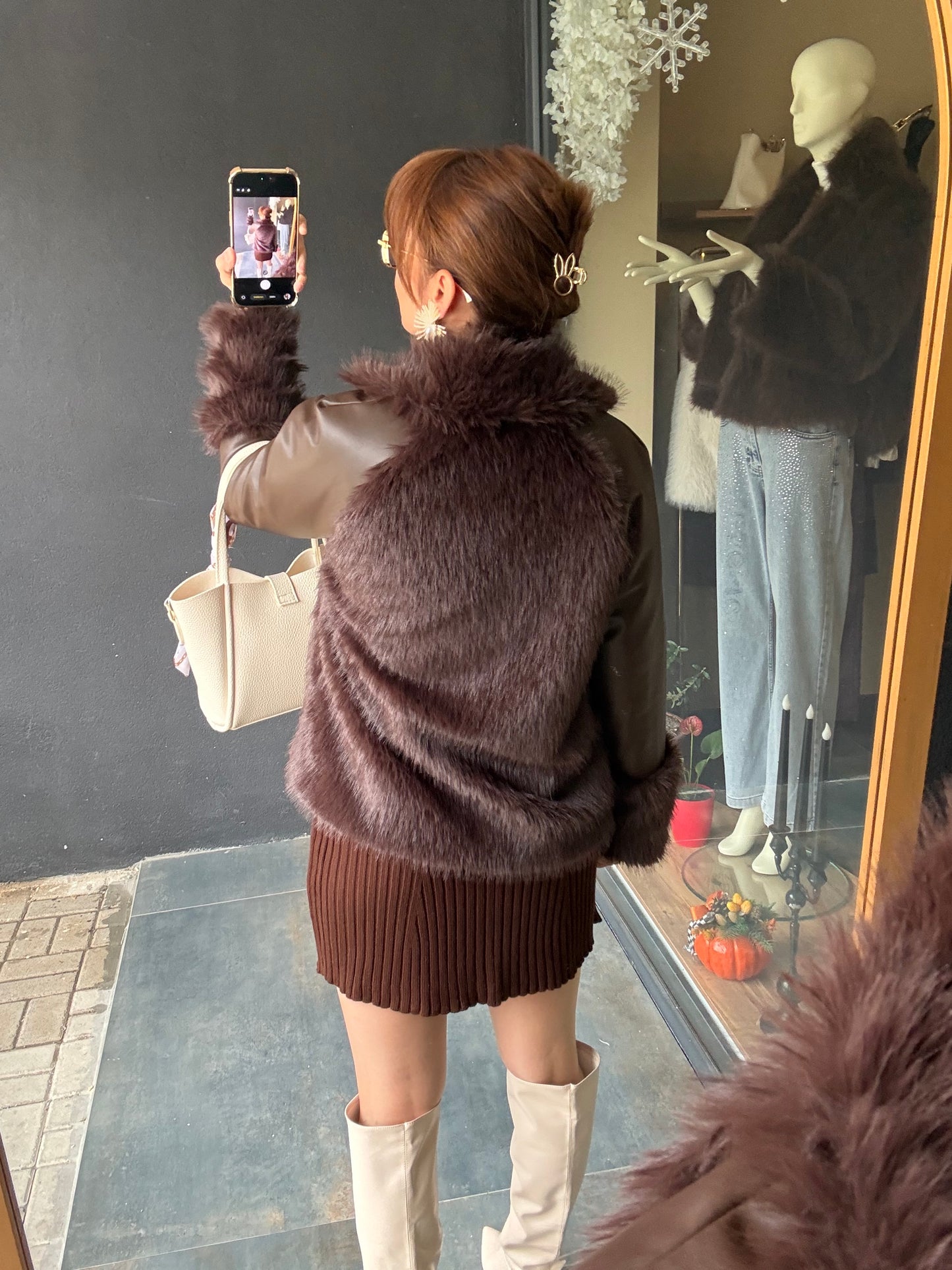 Deer Acı Kahve Deri &Kürk Ceket