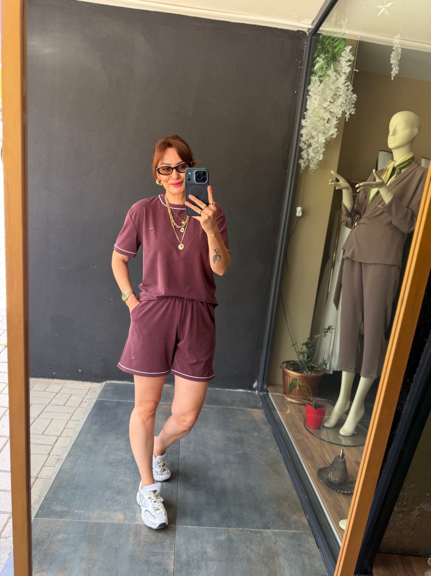 Günlük Basic Şortlu Kadın Takım Bordo