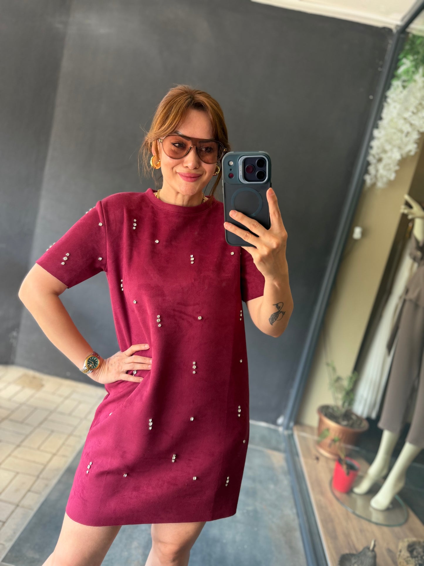 Bordo Süet Taş Detaylı Elbise