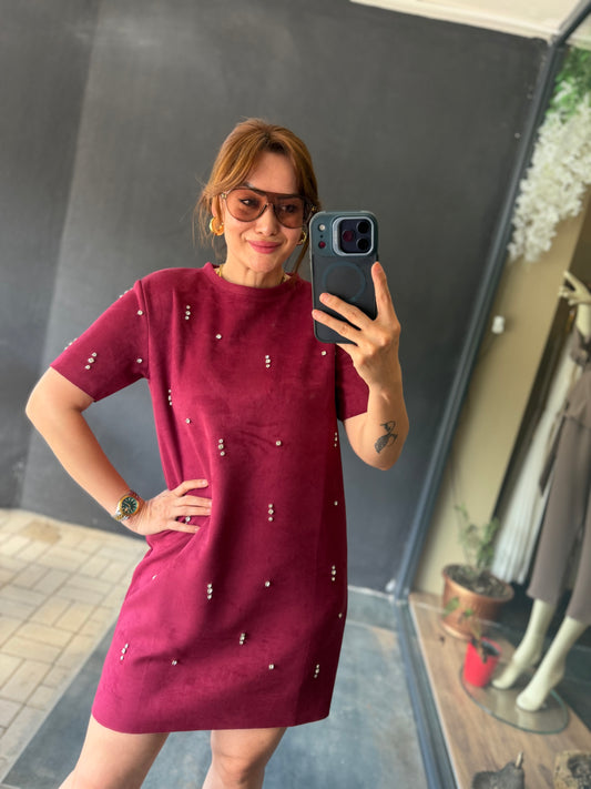 Bordo Süet Taş Detaylı Elbise