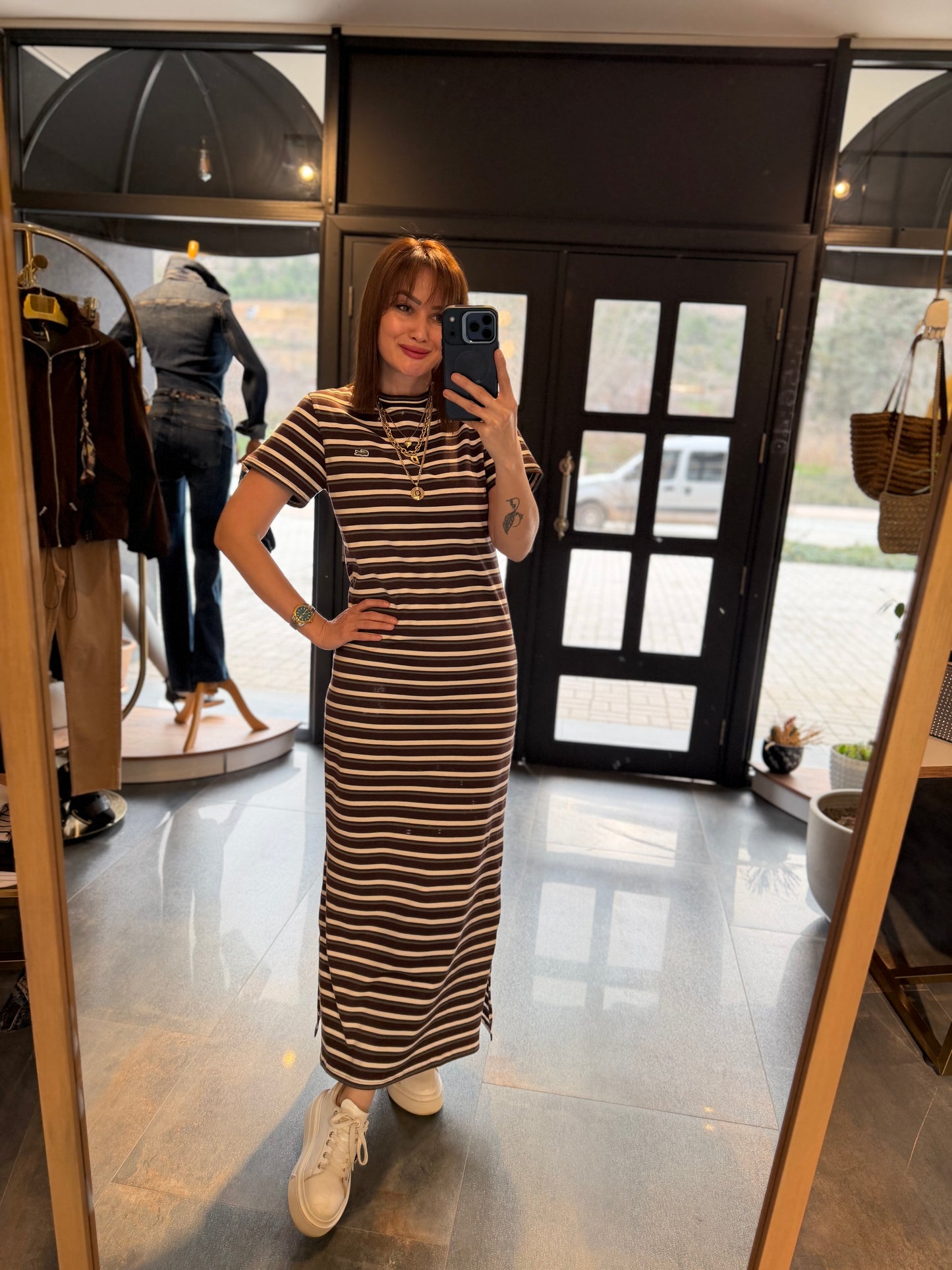 Oste Kahve Çizgili Elbise