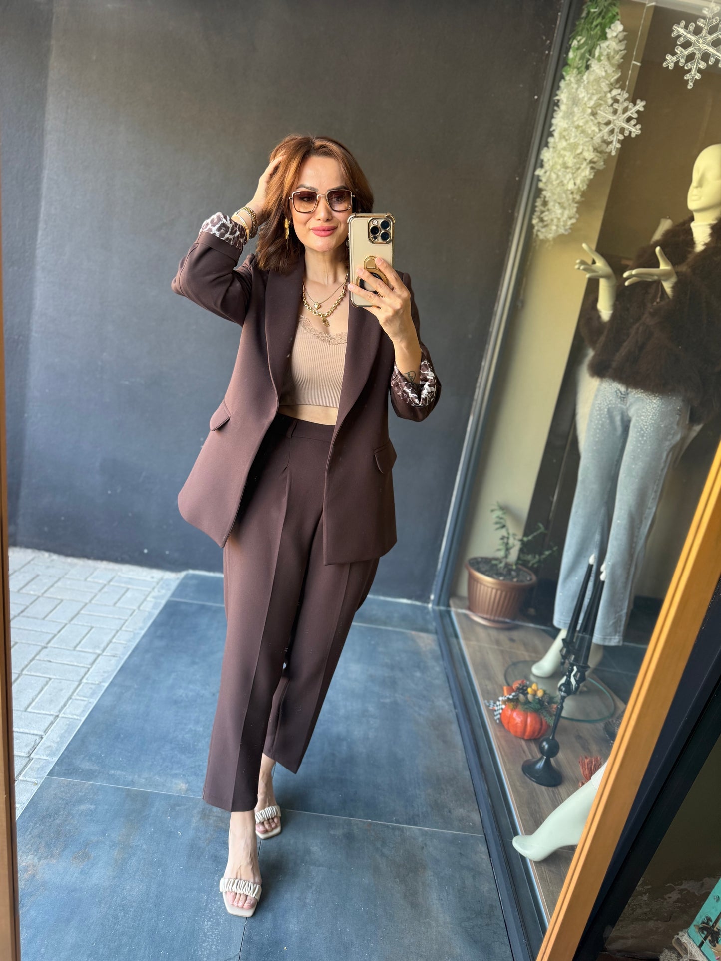 Melanj Kahve Ceket & Pantolon Takım