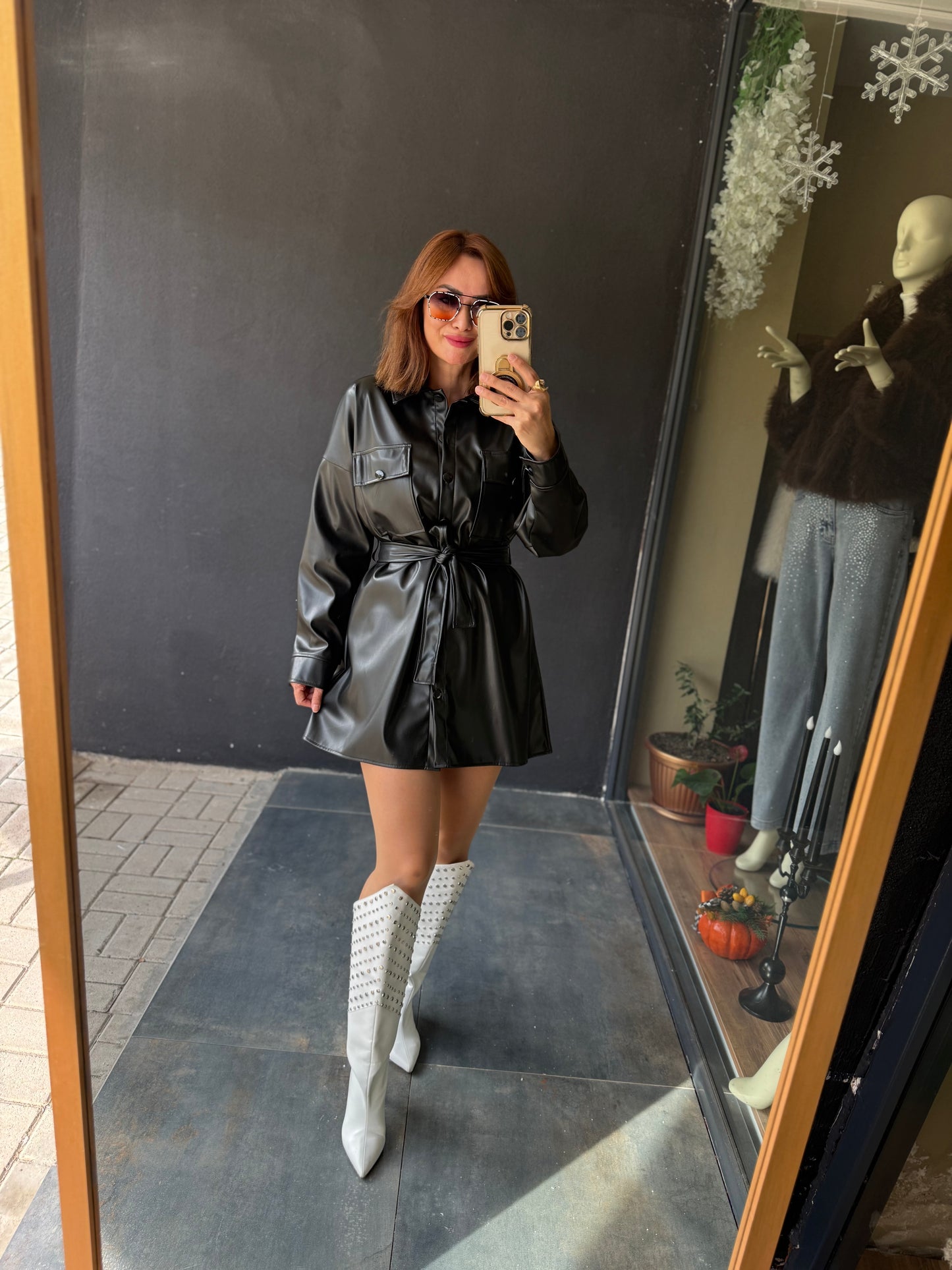 Prady Siyah Deri Elbise & Tunik