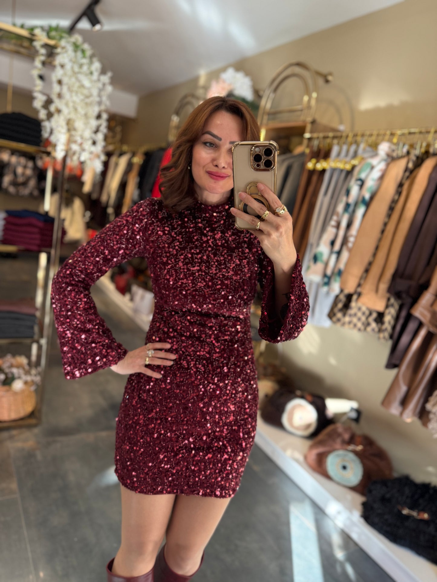 Nira İspanyol Kol Pullu Bordo Elbise