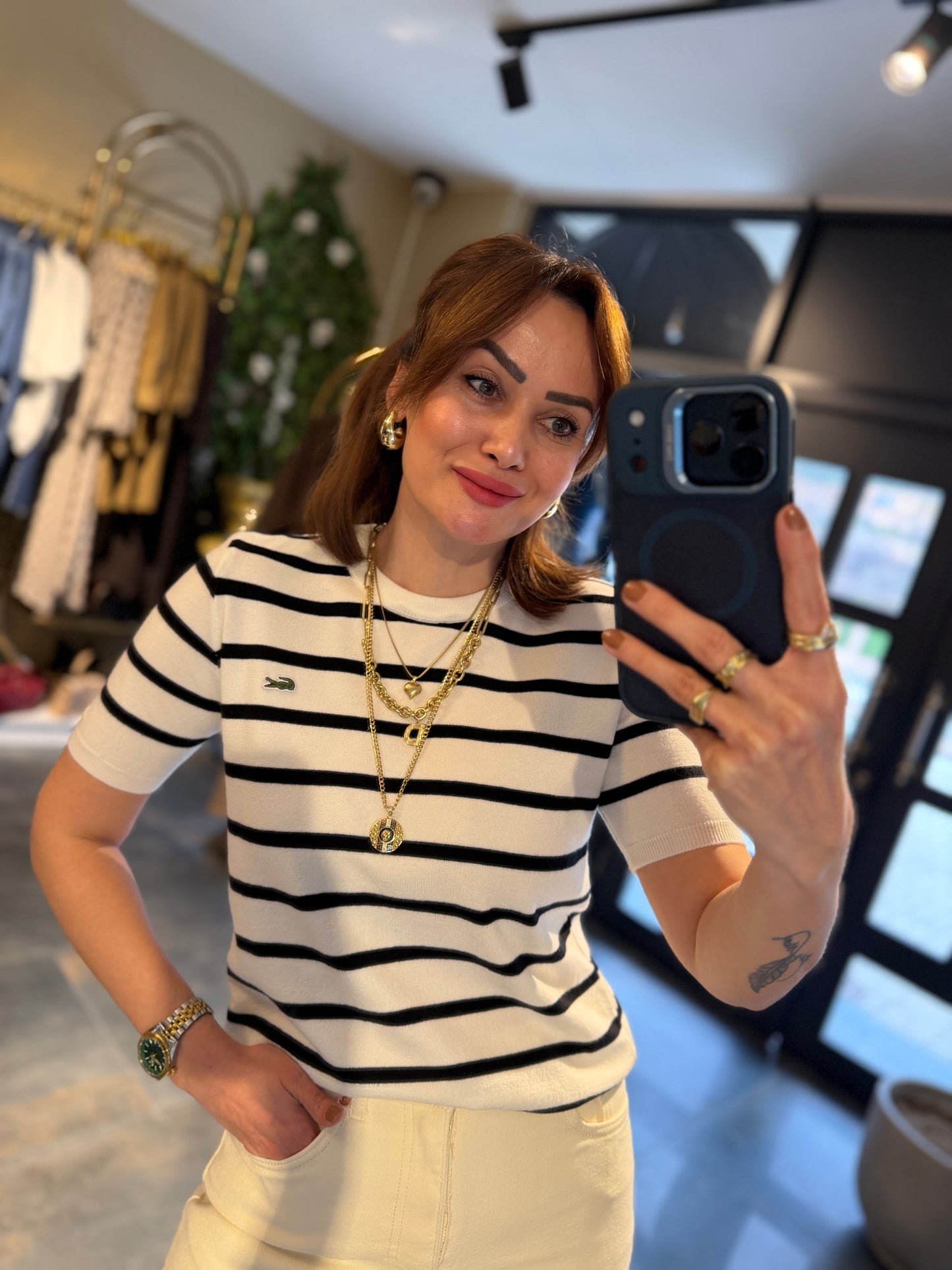 Misse Siyah / Beyaz Triko Dokulu T-Shirt