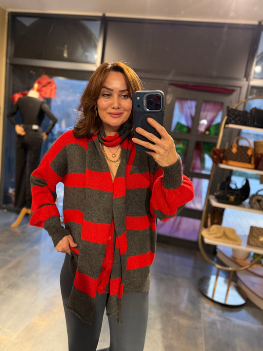 Deka Kırmızı Atkılı Hırka