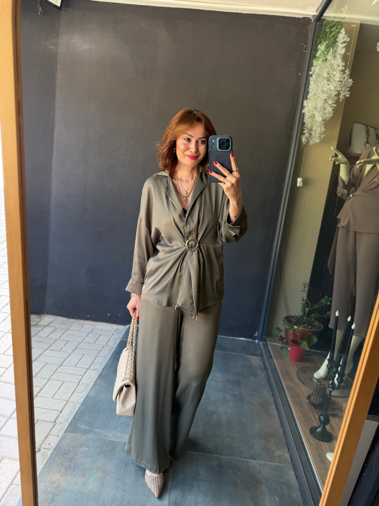 Lost Haki Pamuklu Saten Broşlu Takım