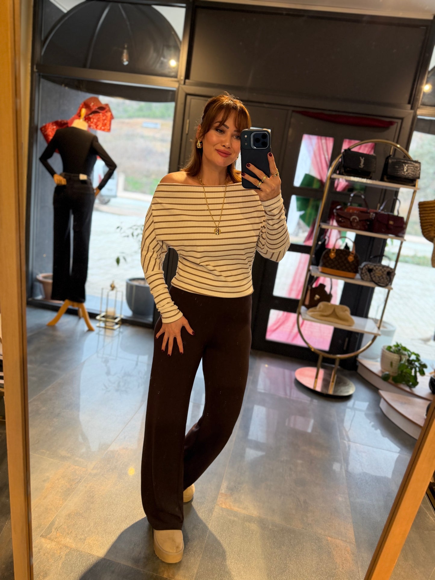 The Secret Kahve Modal Pantolon & Çizgili Bluz Takım