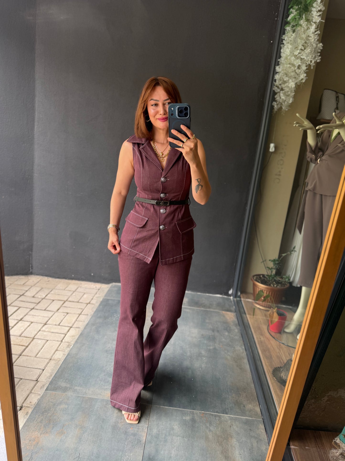 Bordo Kontrast Dikiş Yelek Pantolon Takım