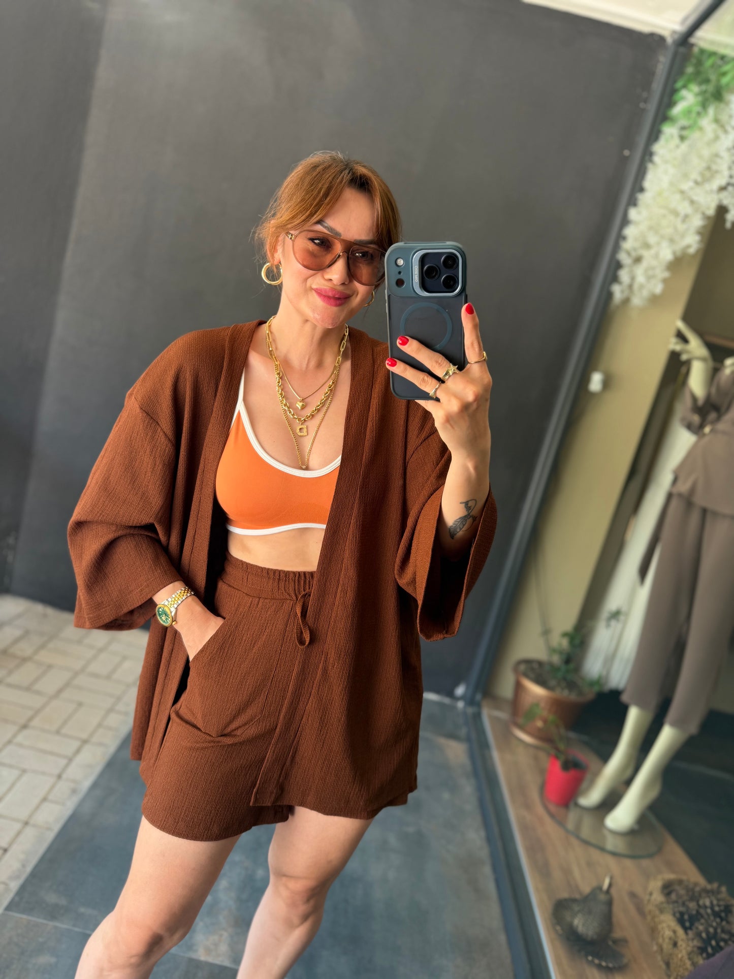 Kahve Müslin Şort Kimono Takım