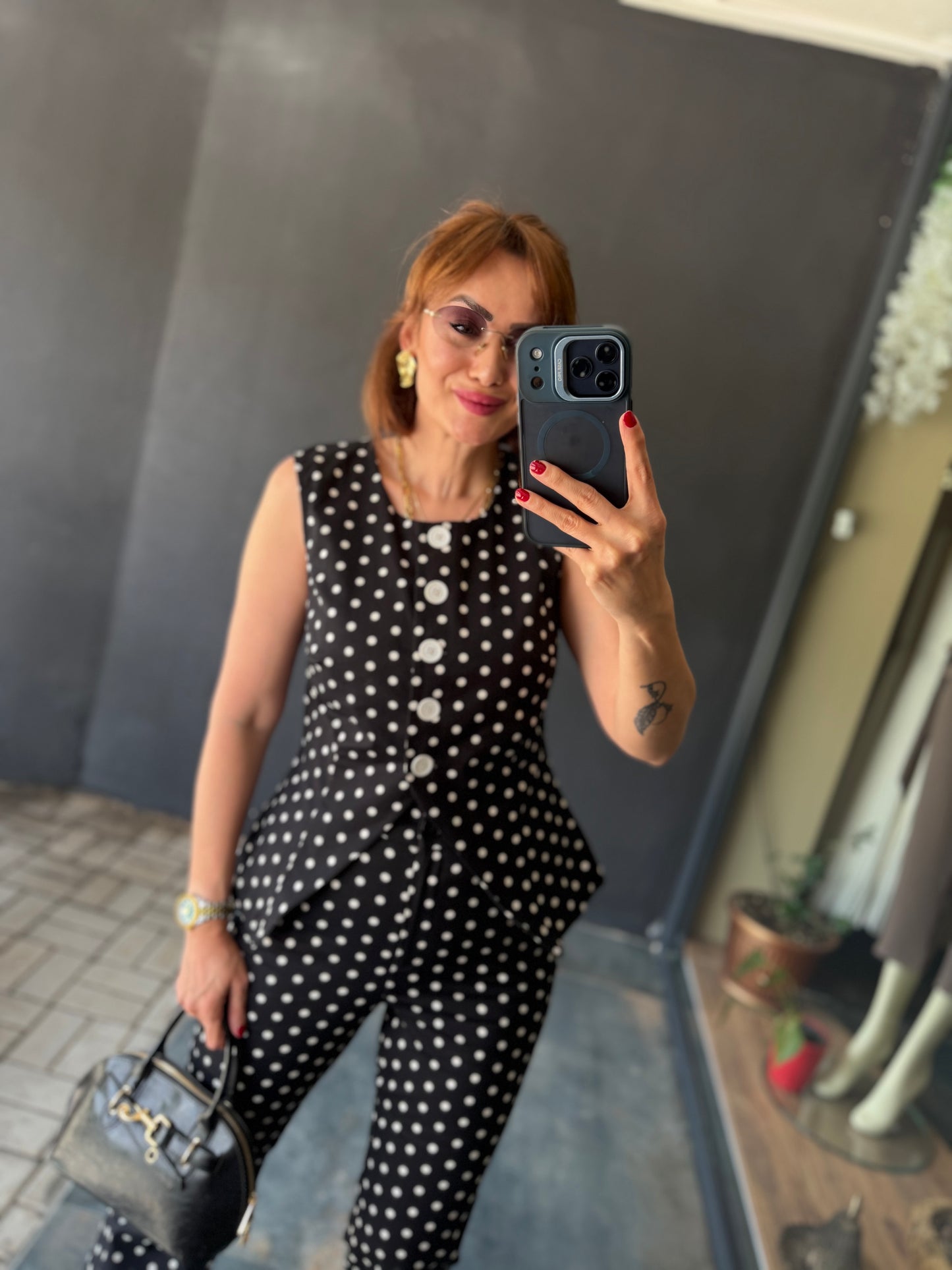 Siyah Puantiyeli Retro Pantolon Takımı