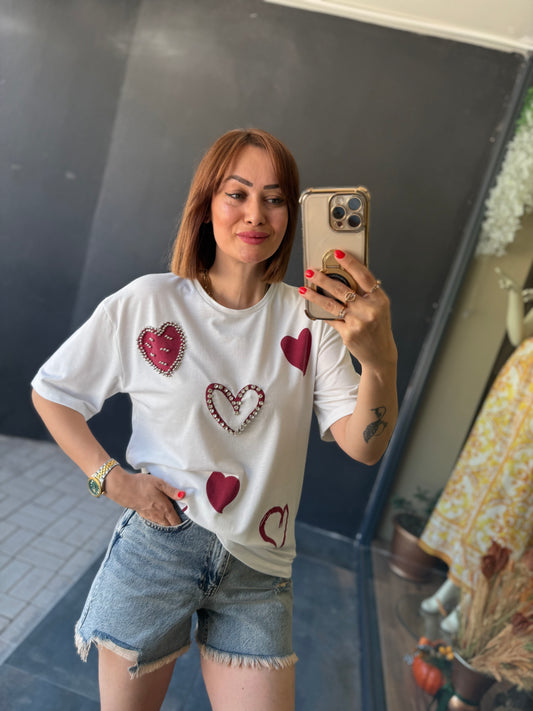 Bısou Bordo Kalp Desenli T-Shirt