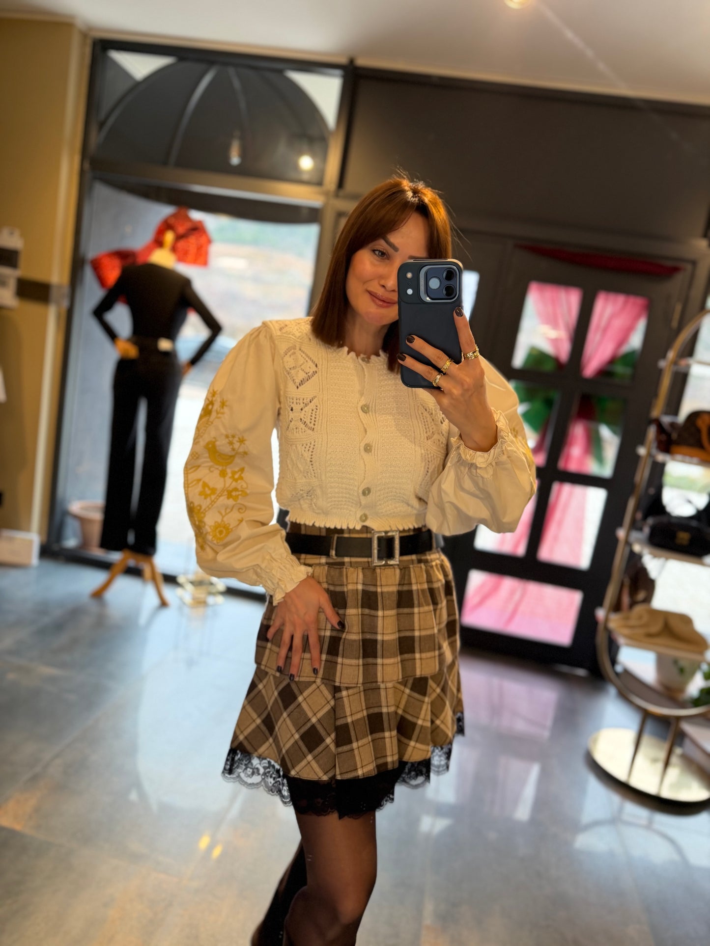 Livin Kahve Kareli Etek