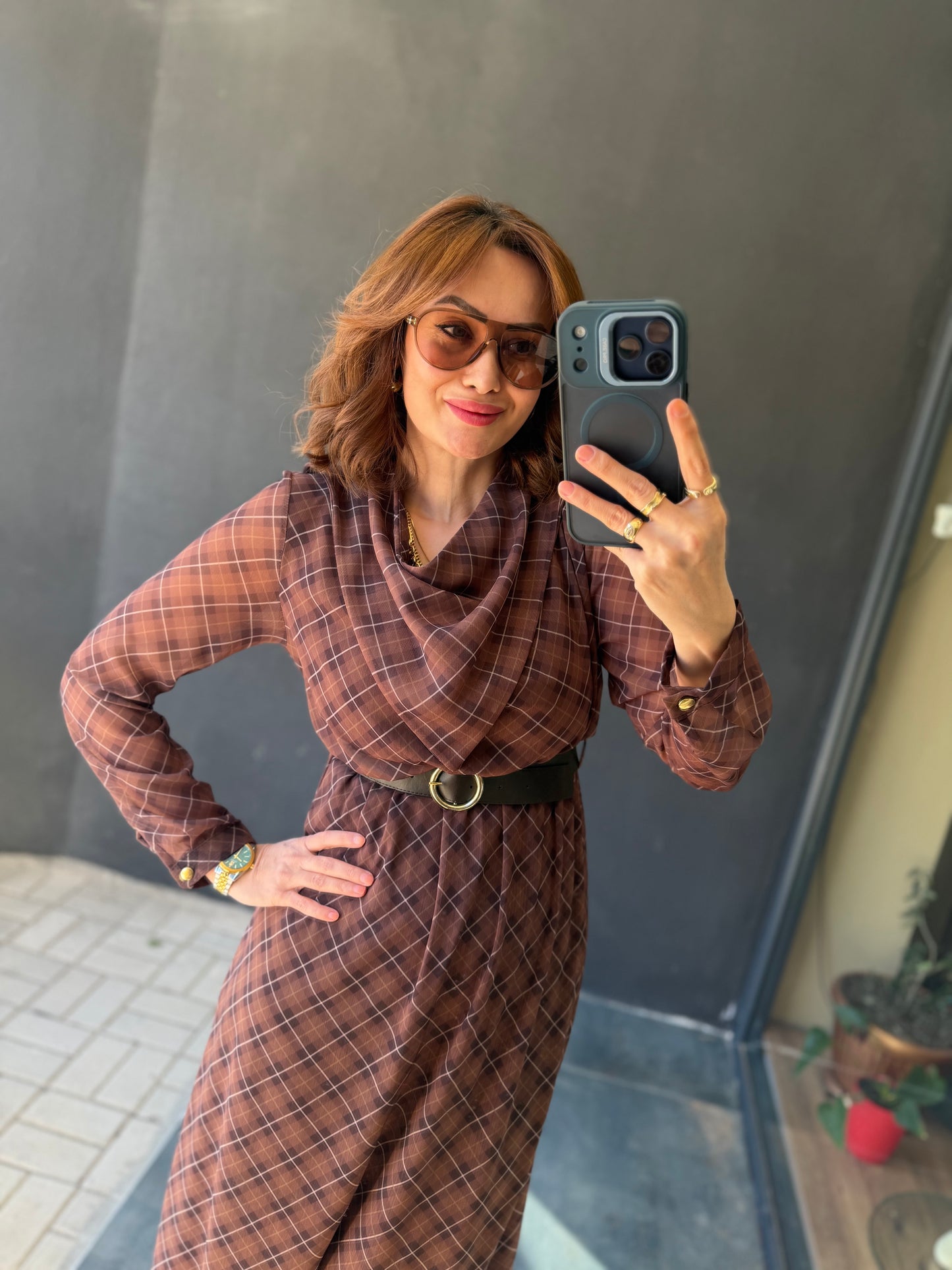 Capo Kemerli Kahve Şifon Elbise