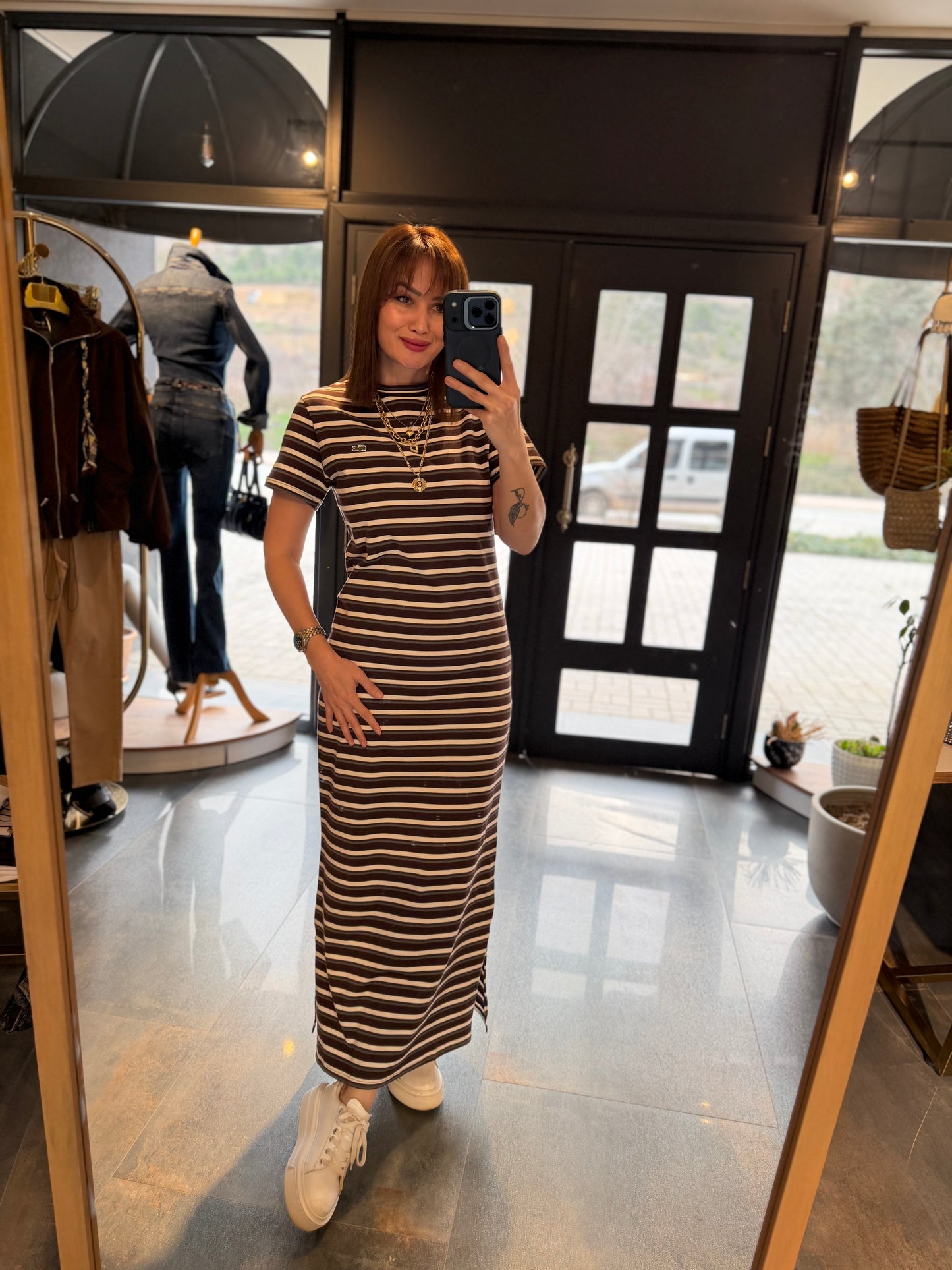 Oste Kahve Çizgili Elbise