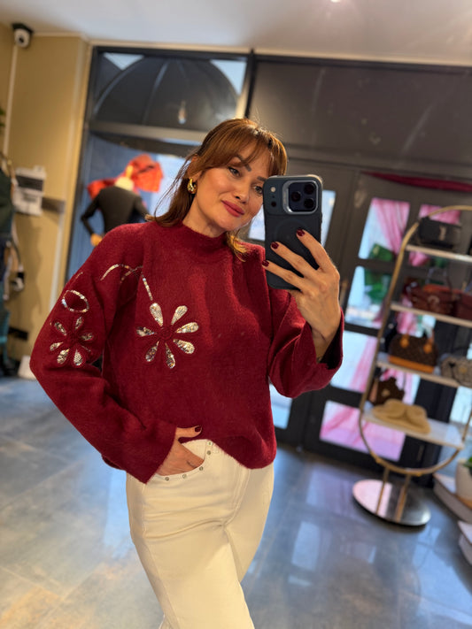 Şıkır Pul İşleme Bordo Kazak