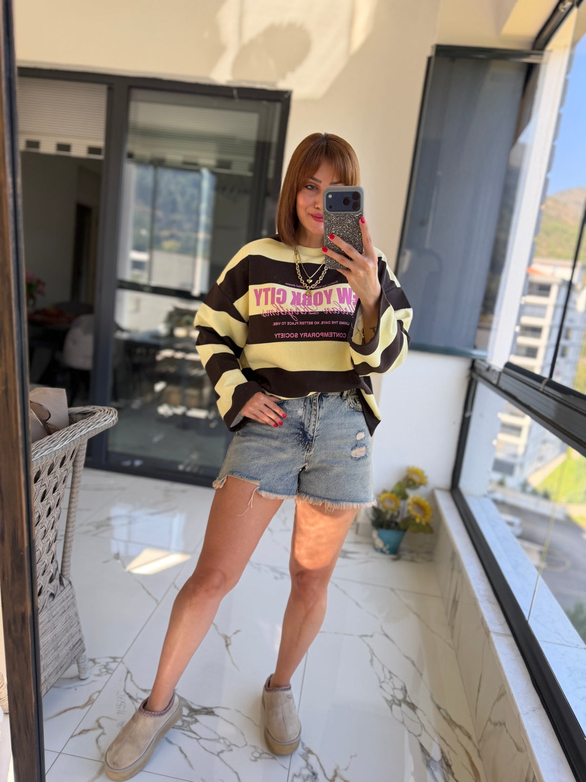 Firesh Kahve Çizgili Basic Sweat