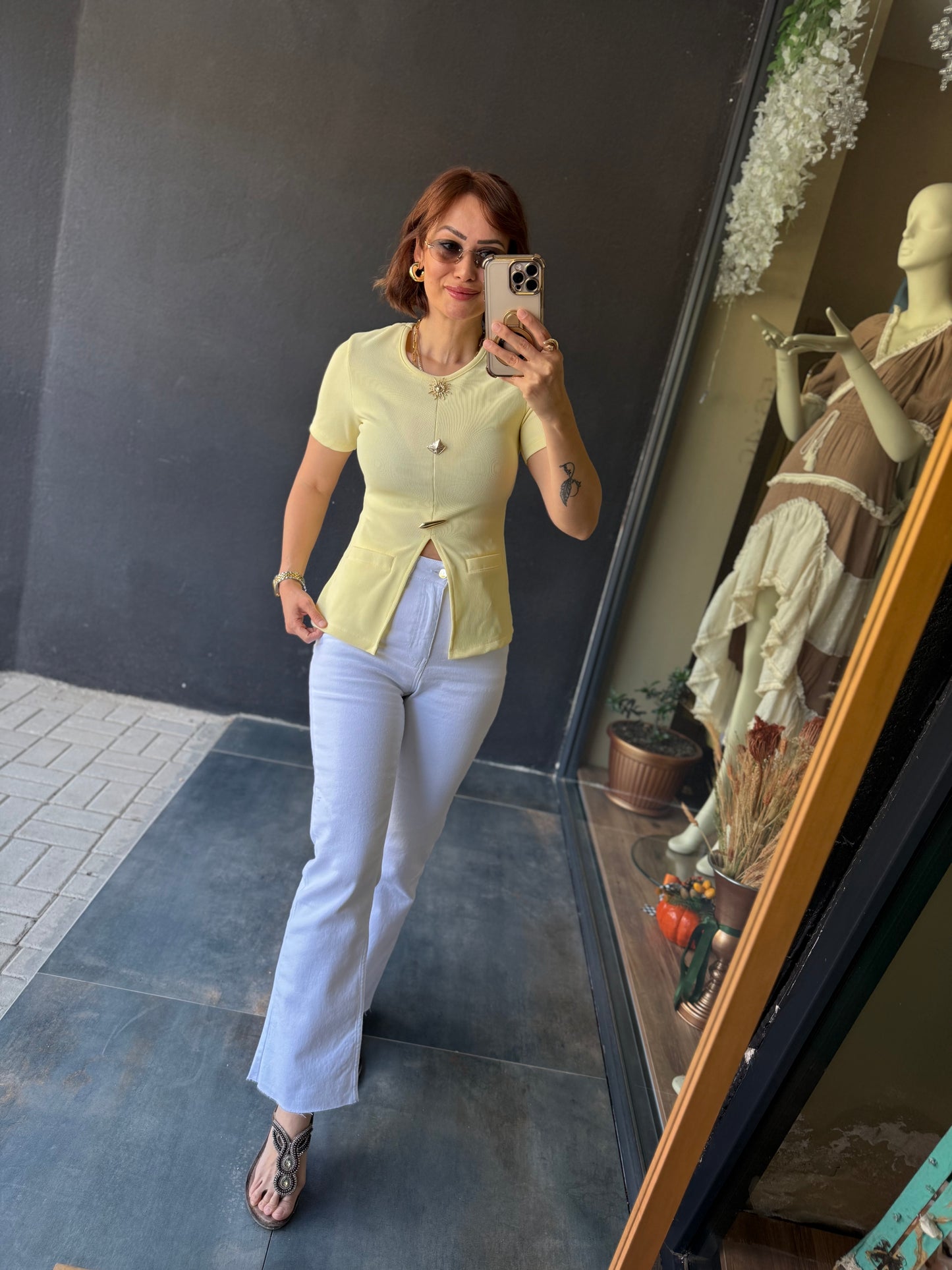Mzr Sarı Gold Düğmeli Bluz