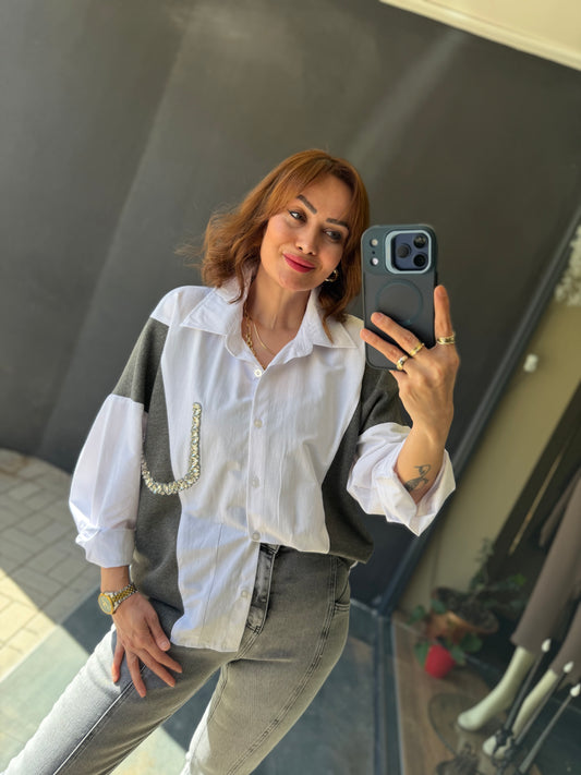 Lungo Beyaz Cep Taş Detaylı Tasarım Gömlek