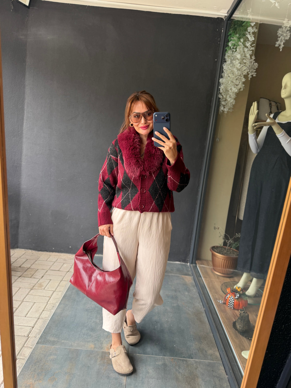 Taormina Bordo Baklava Desen Hırka