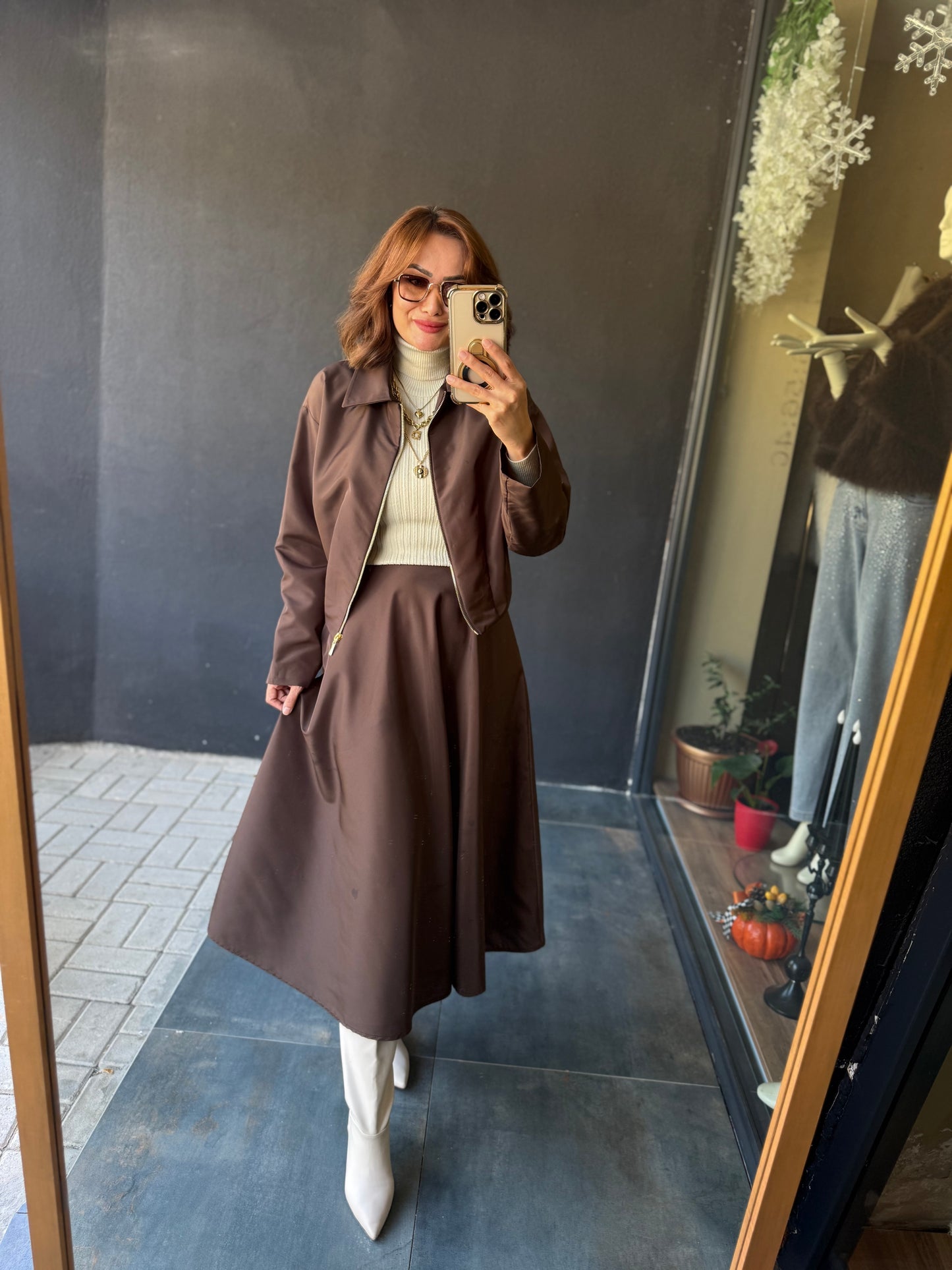 Pesto Kahve Paraşüt Etek&Ceket Takım