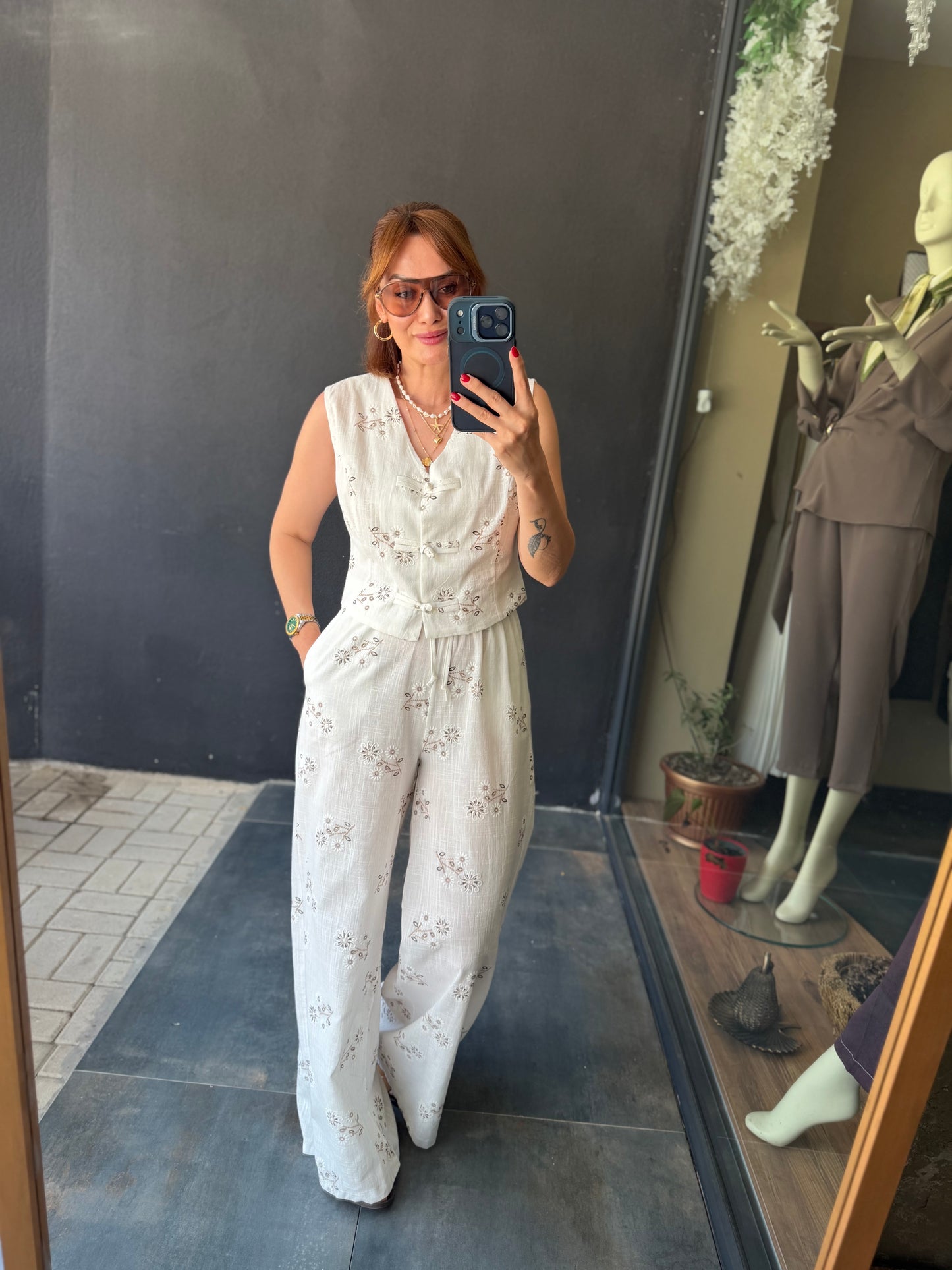 Premium Nakış İşlemeli Keten Görünümlü Yelek Pantolon Kadın Takım