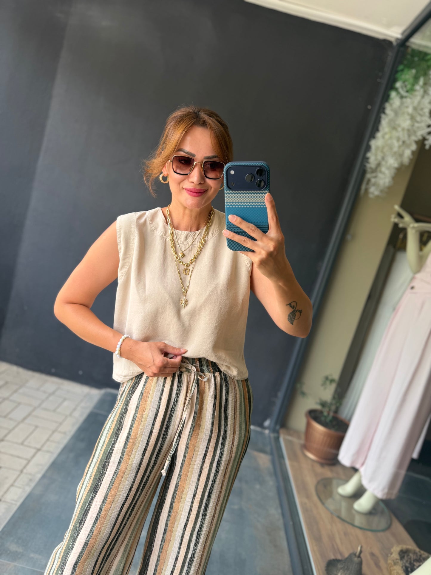Sahara Haki Çizgili Bol Paça Pantolon & Bluz Takım
