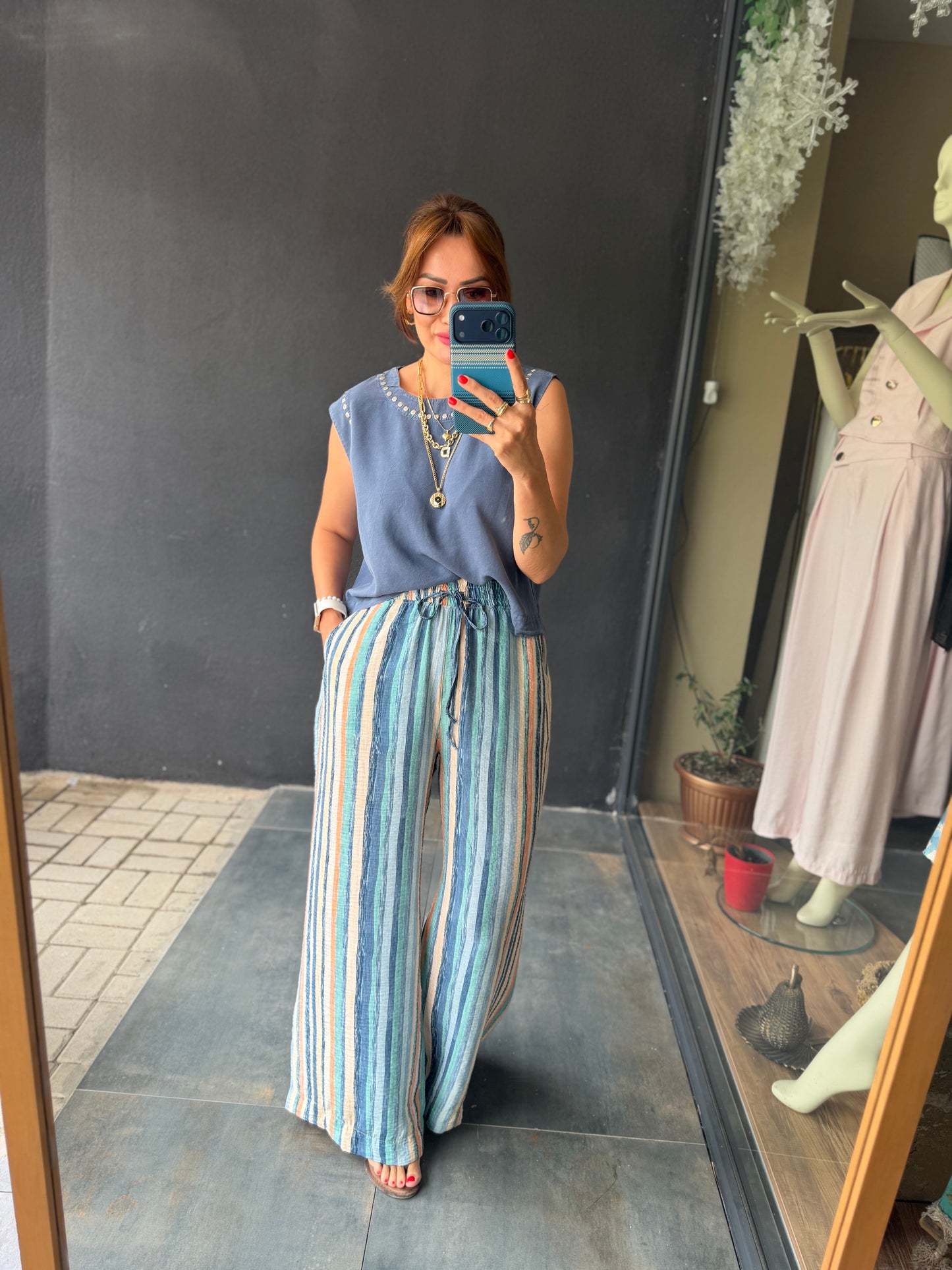 Sahara Mavi Çizgili Bol Paça Pantolon & Bluz Takım