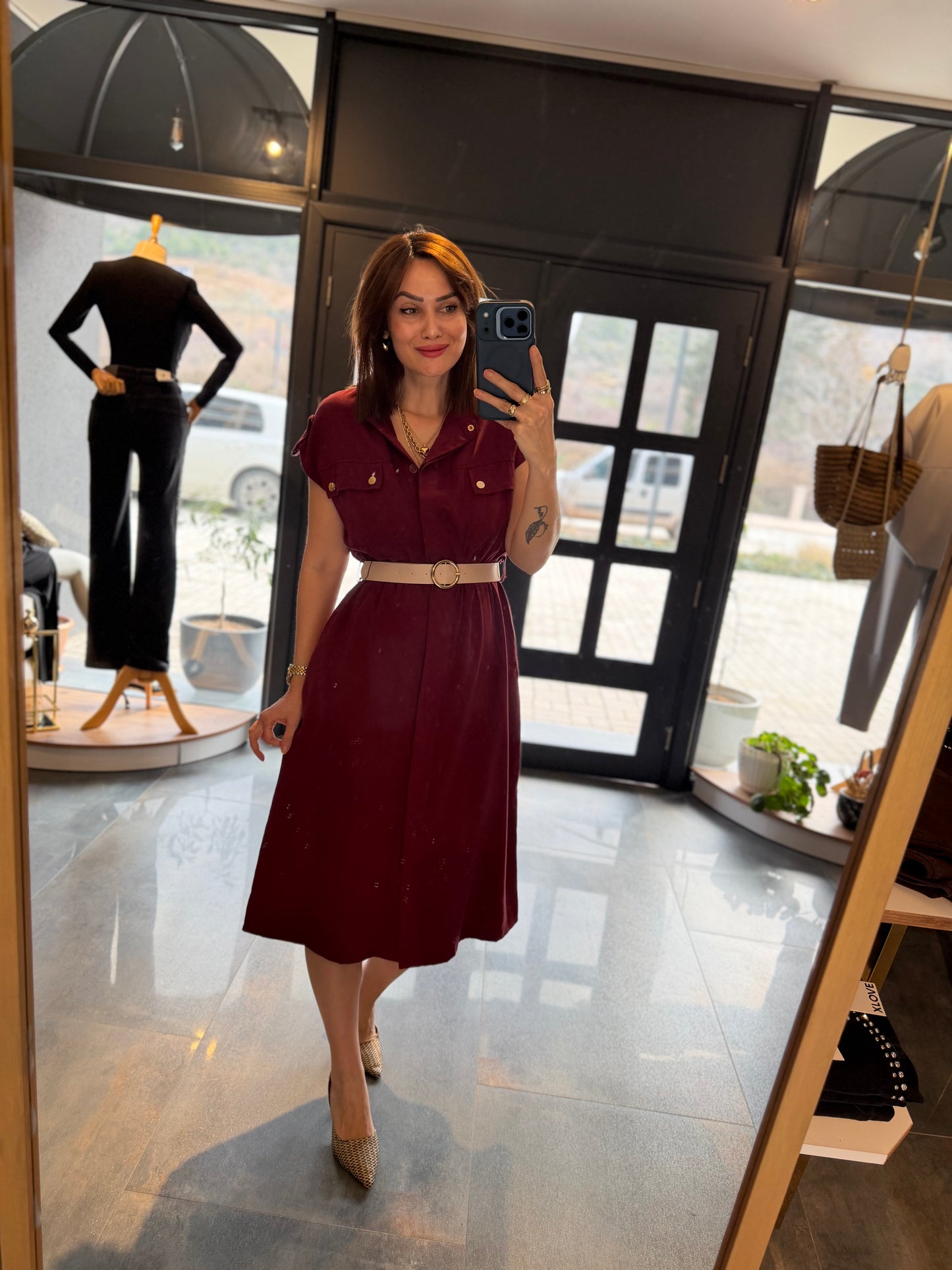 Farko Bordo Pamuklu Midi Boy Elbise