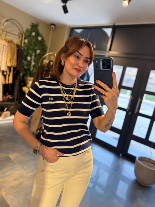 Misse Lacivert /Beyaz Triko Dokulu T-Shirt