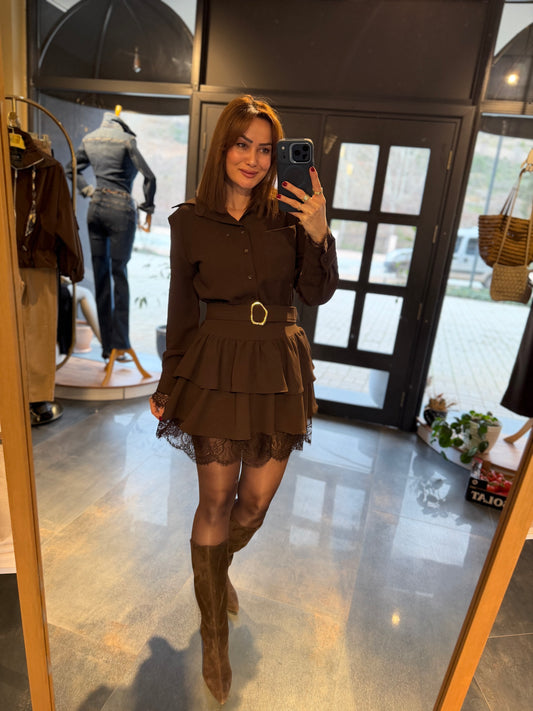 Angeles Kahve Dantel Detaylı Elbise