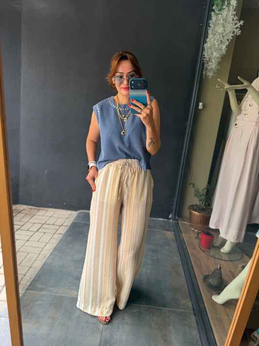 Sahara Bej Çizgili Bol Paça Pantolon & Bluz Takım