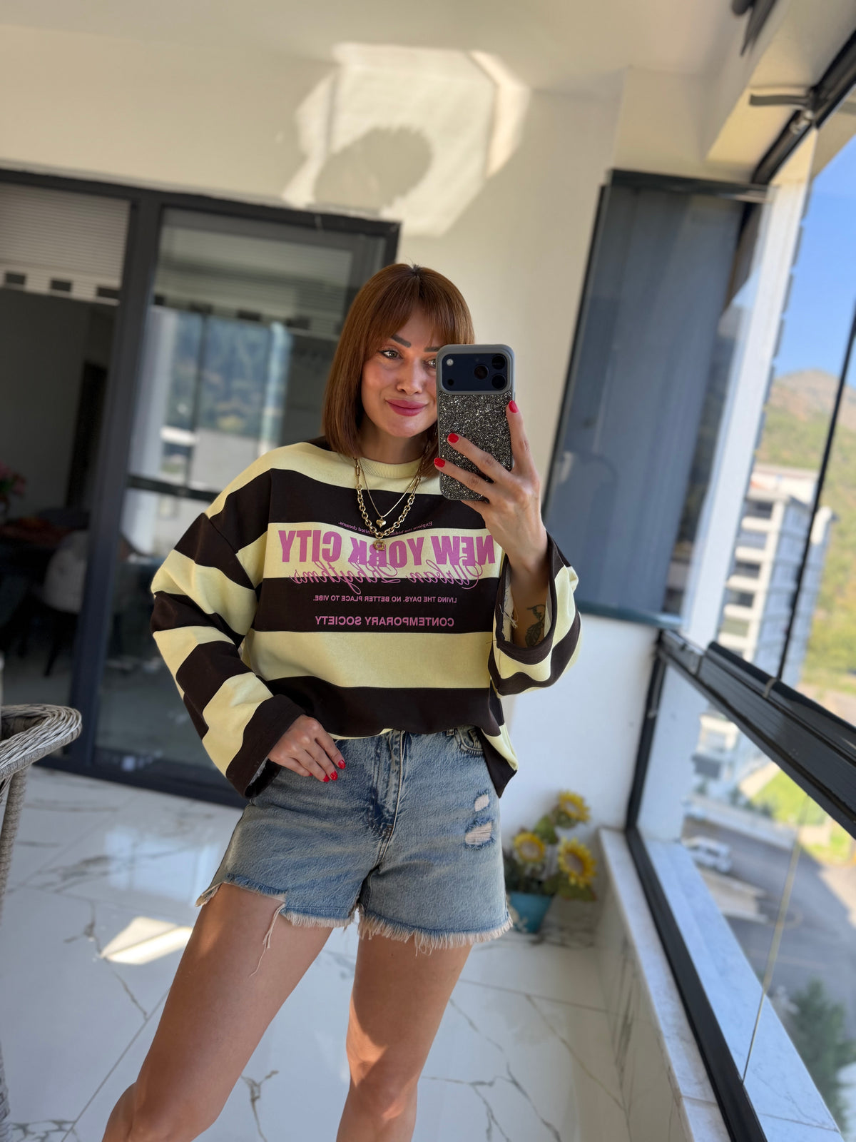 Firesh Kahve Çizgili Basic Sweat