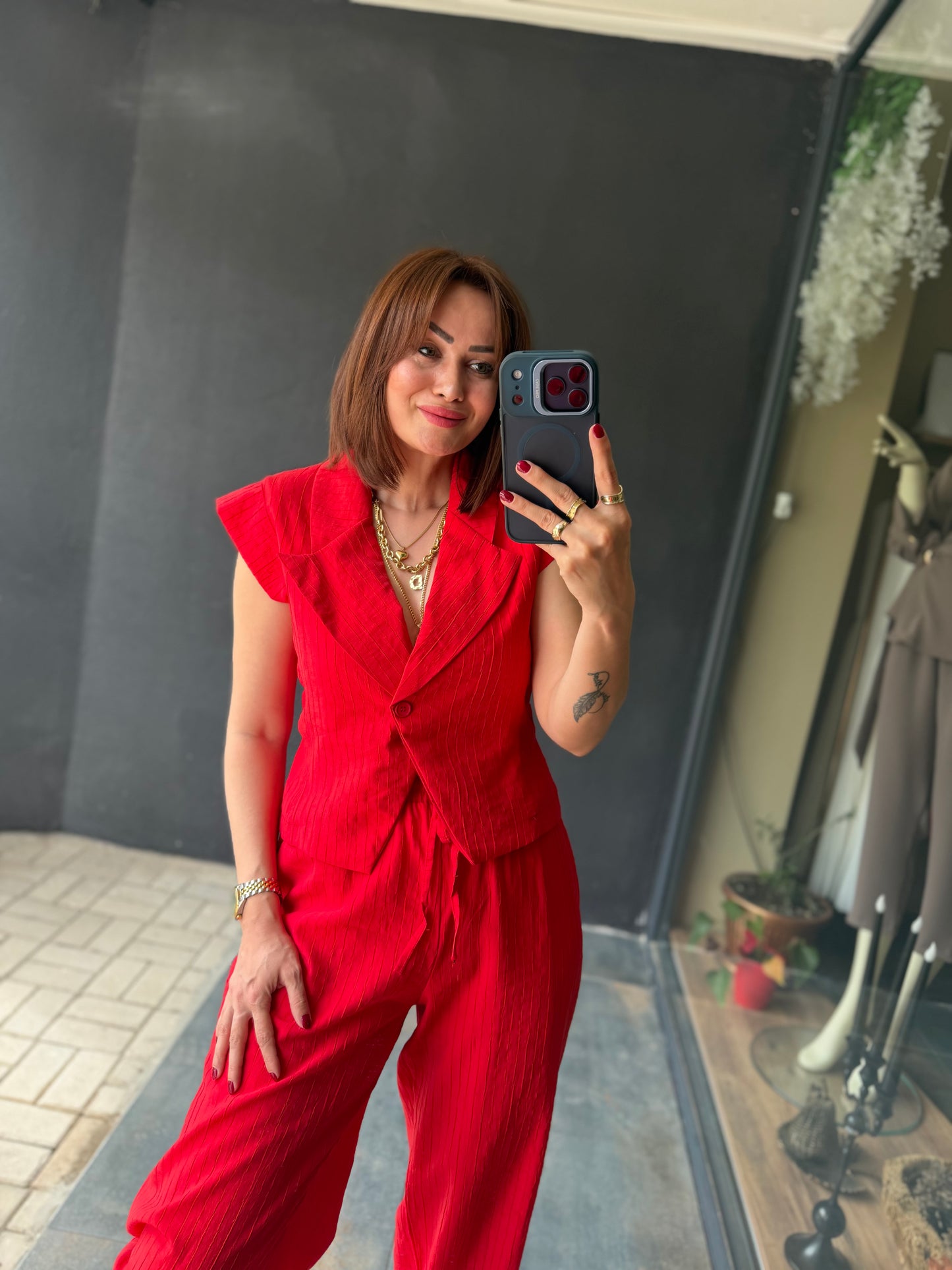 Jena Kırmızı Yelek & Pantolon Takım