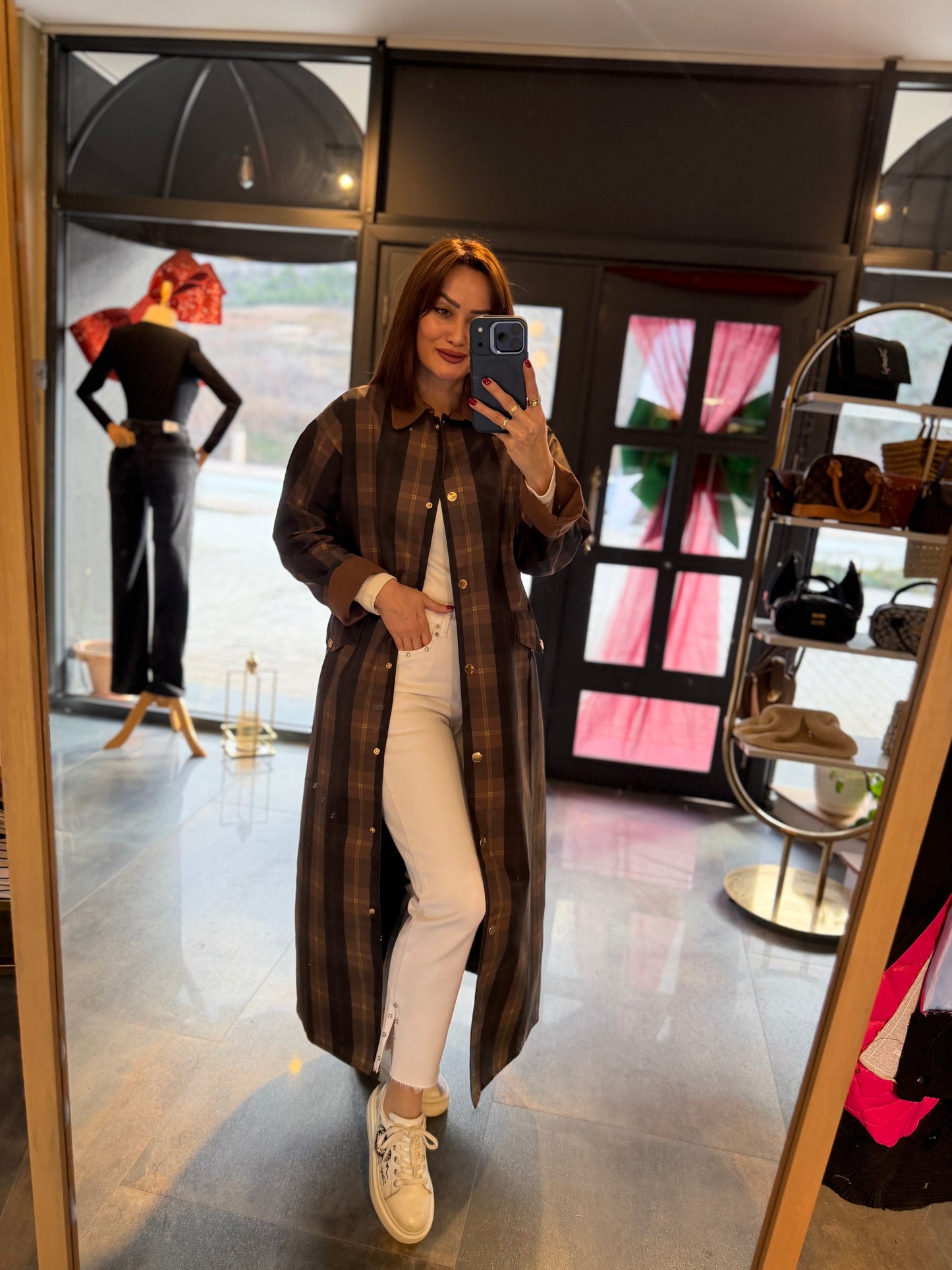 Mesli Kareli Su Geçirmez Trench