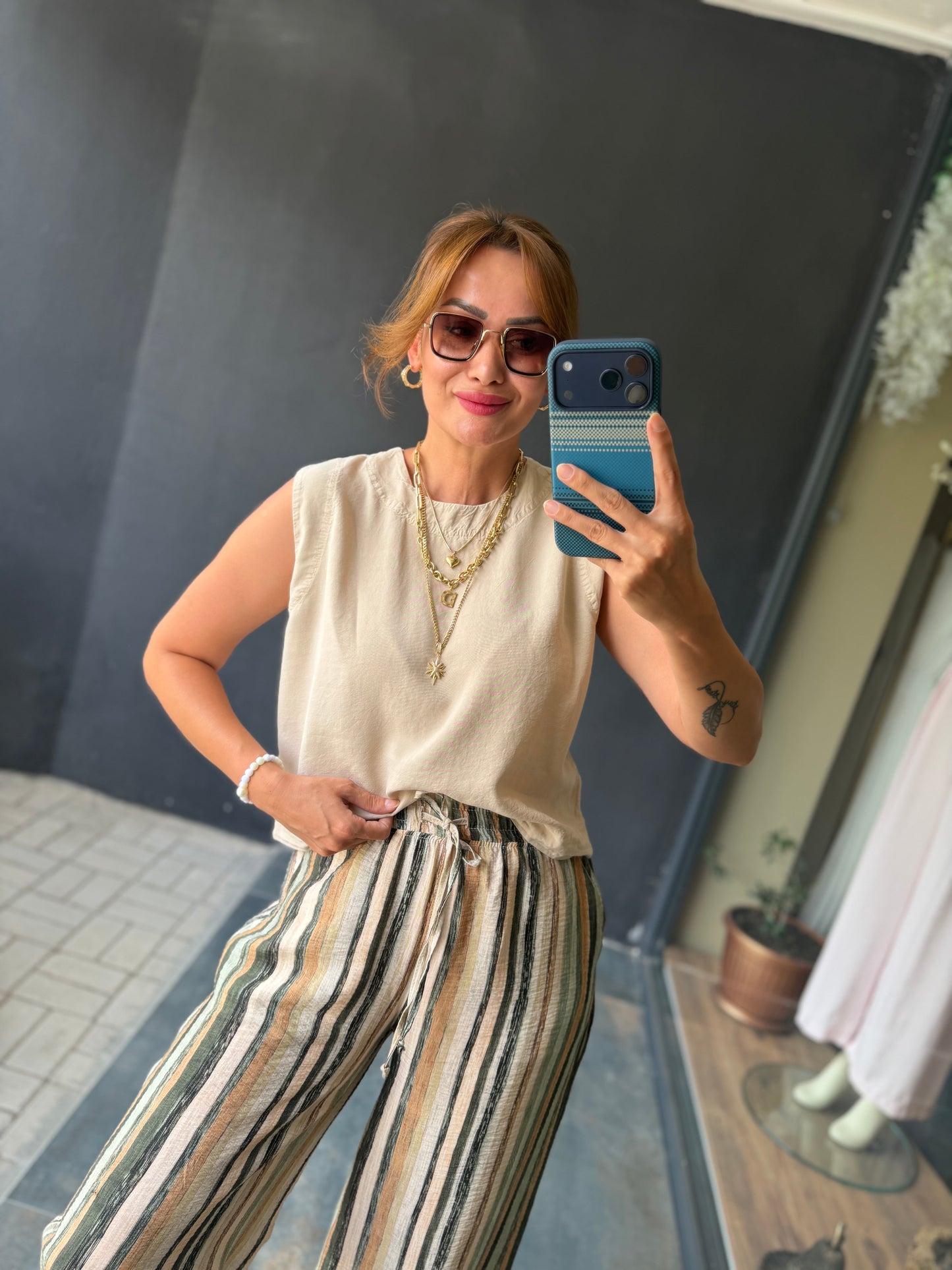 Sahara Haki Çizgili Bol Paça Pantolon & Bluz Takım