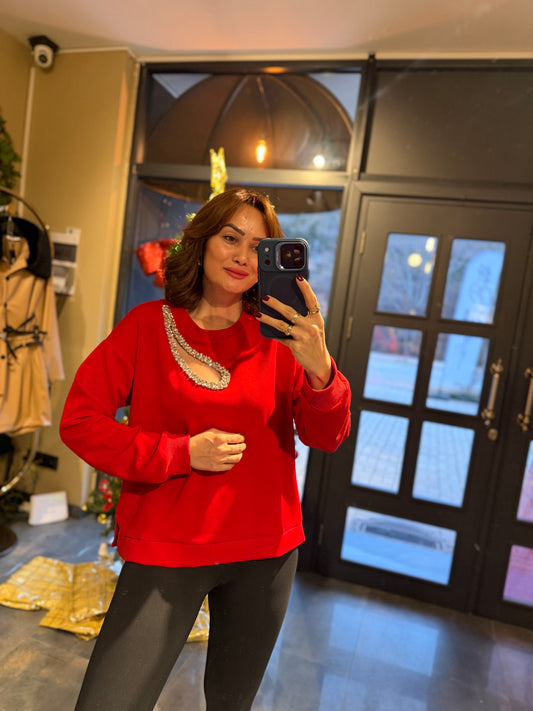 Asso Kırmızı Taş Detaylı Sweat