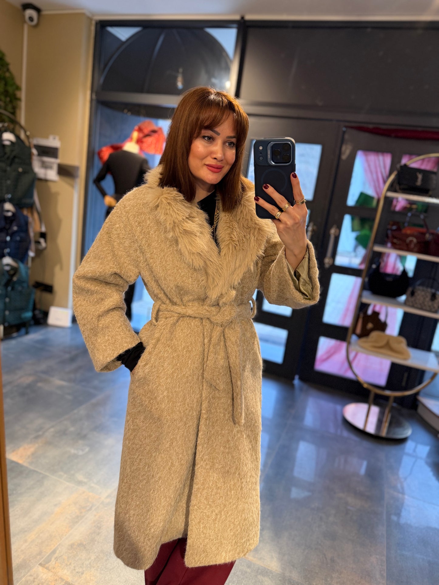 Fancy Bej Keçe Astarlı Mont