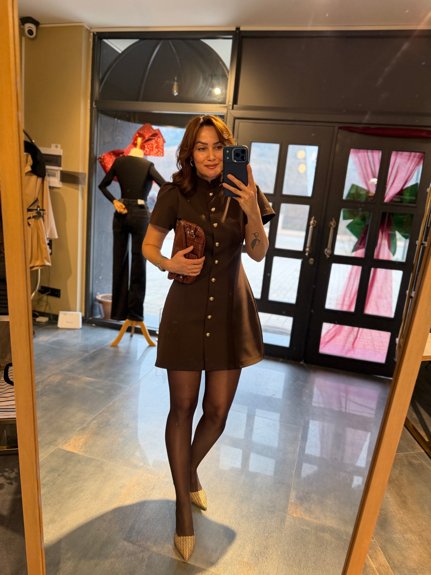 Mosss Kahve /Gold Düğmeli Elbise