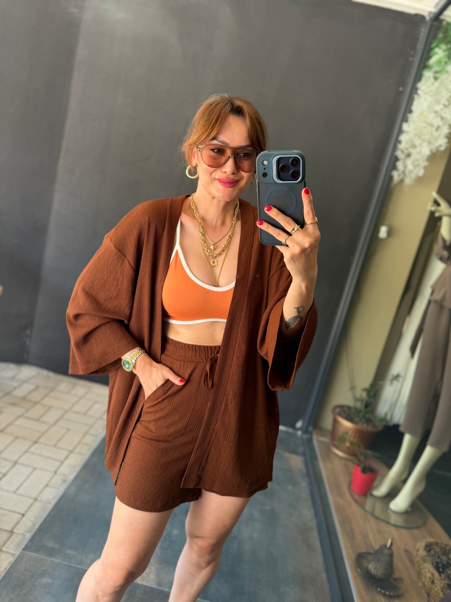 Kahve Müslin Şort Kimono Takım