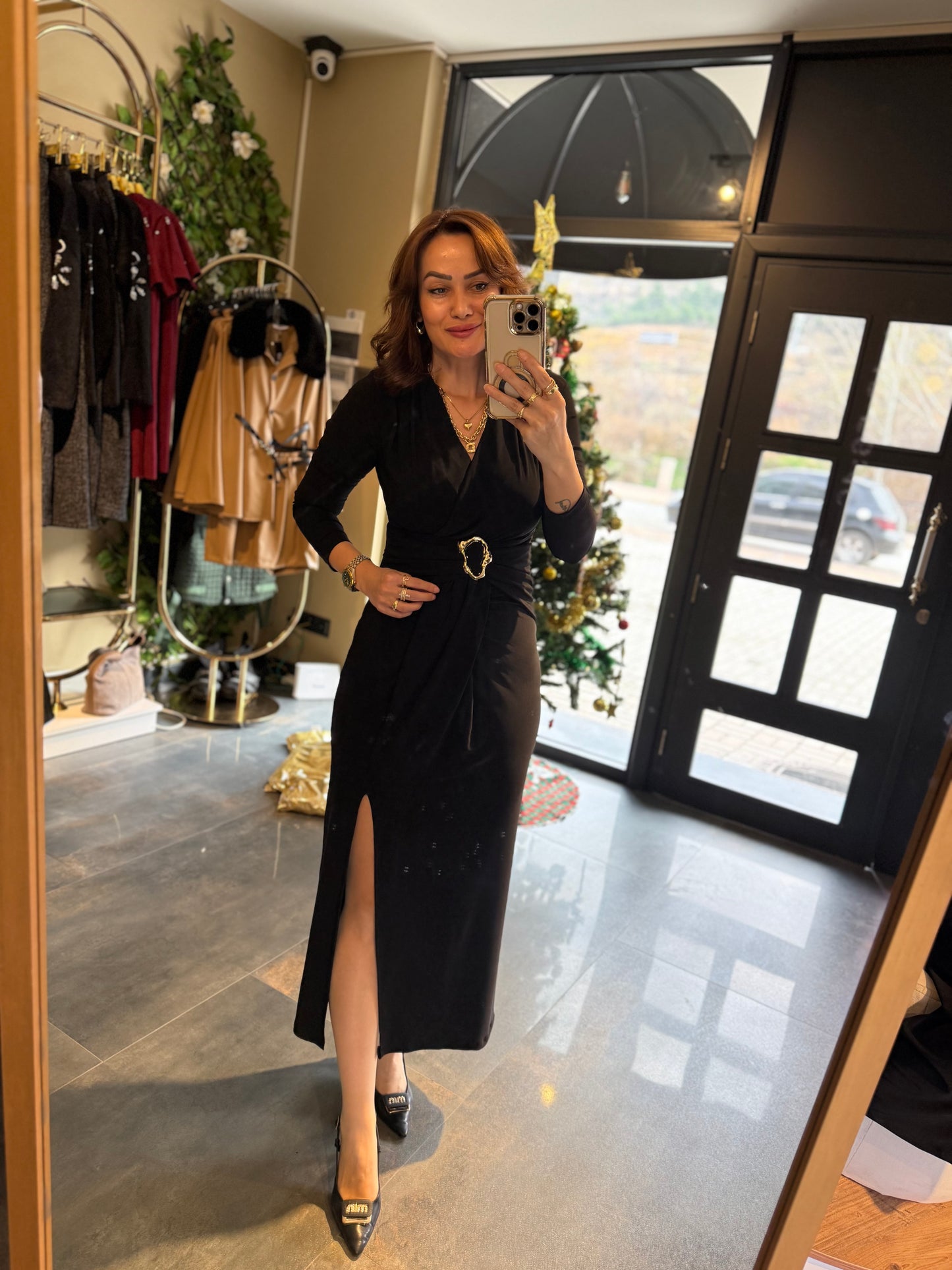 Nira Candy Kumaş Siyah Kemerli Elbise