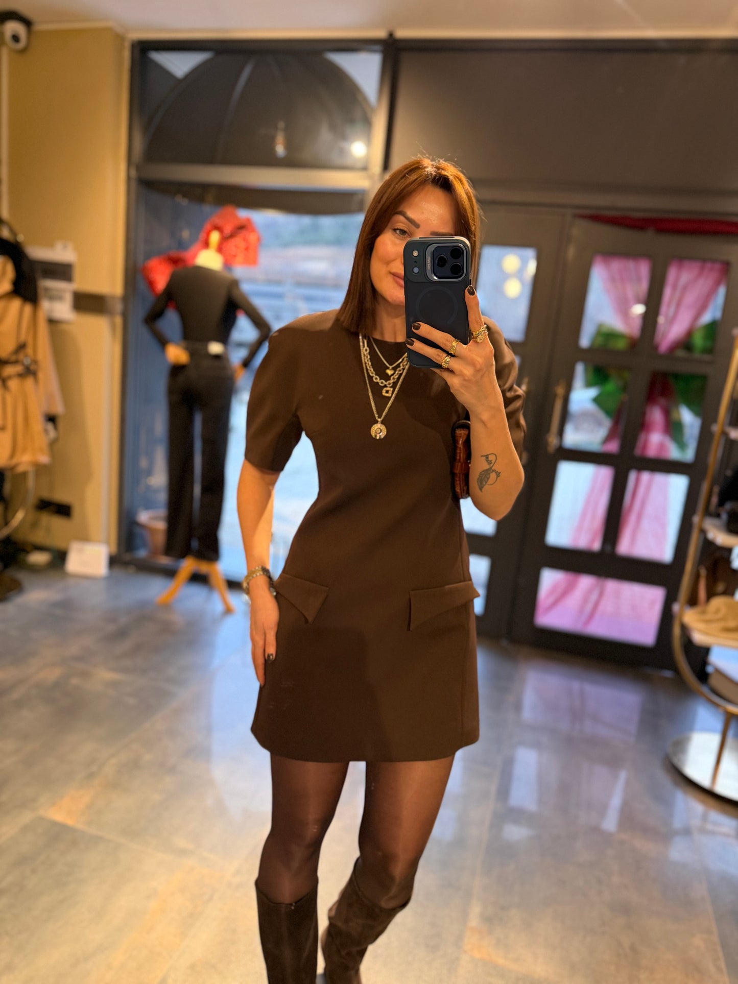 Moss Kahve Cep Detaylı Vatkalı Elbise