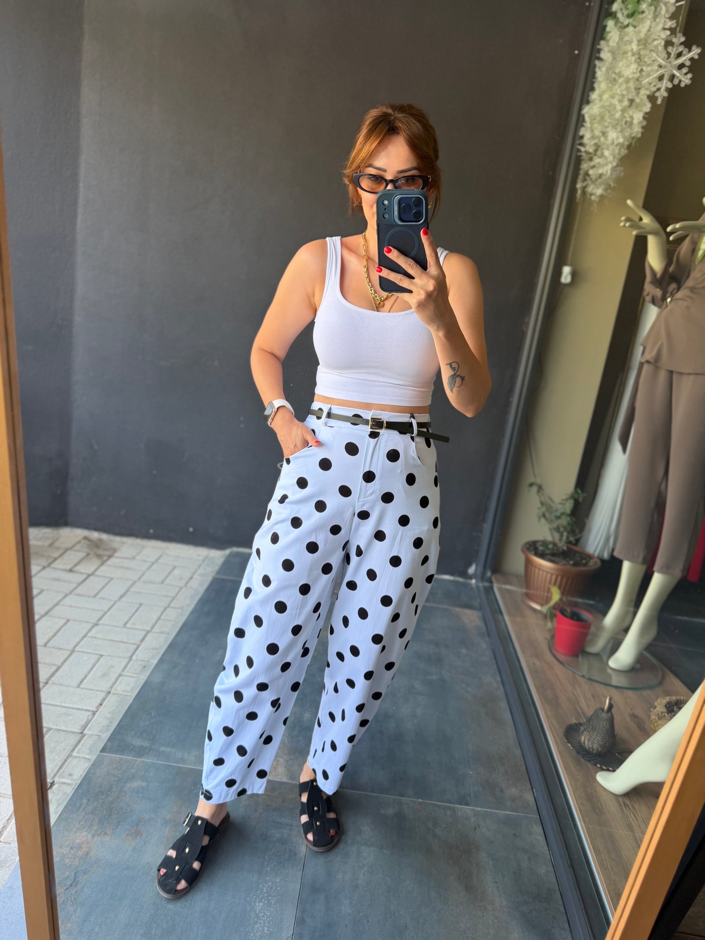 Puantiyeli Siyah Baggy Pantolon