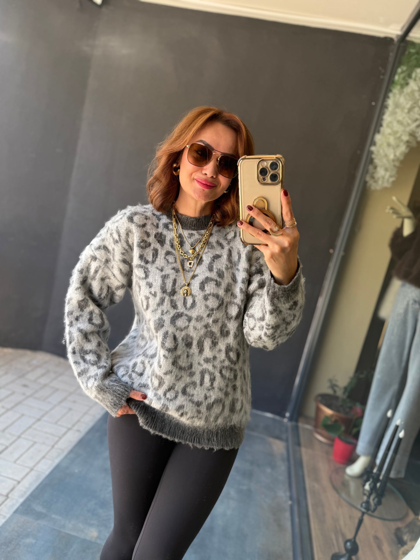 Ozi Gri Leopar Kaşmir Kazak