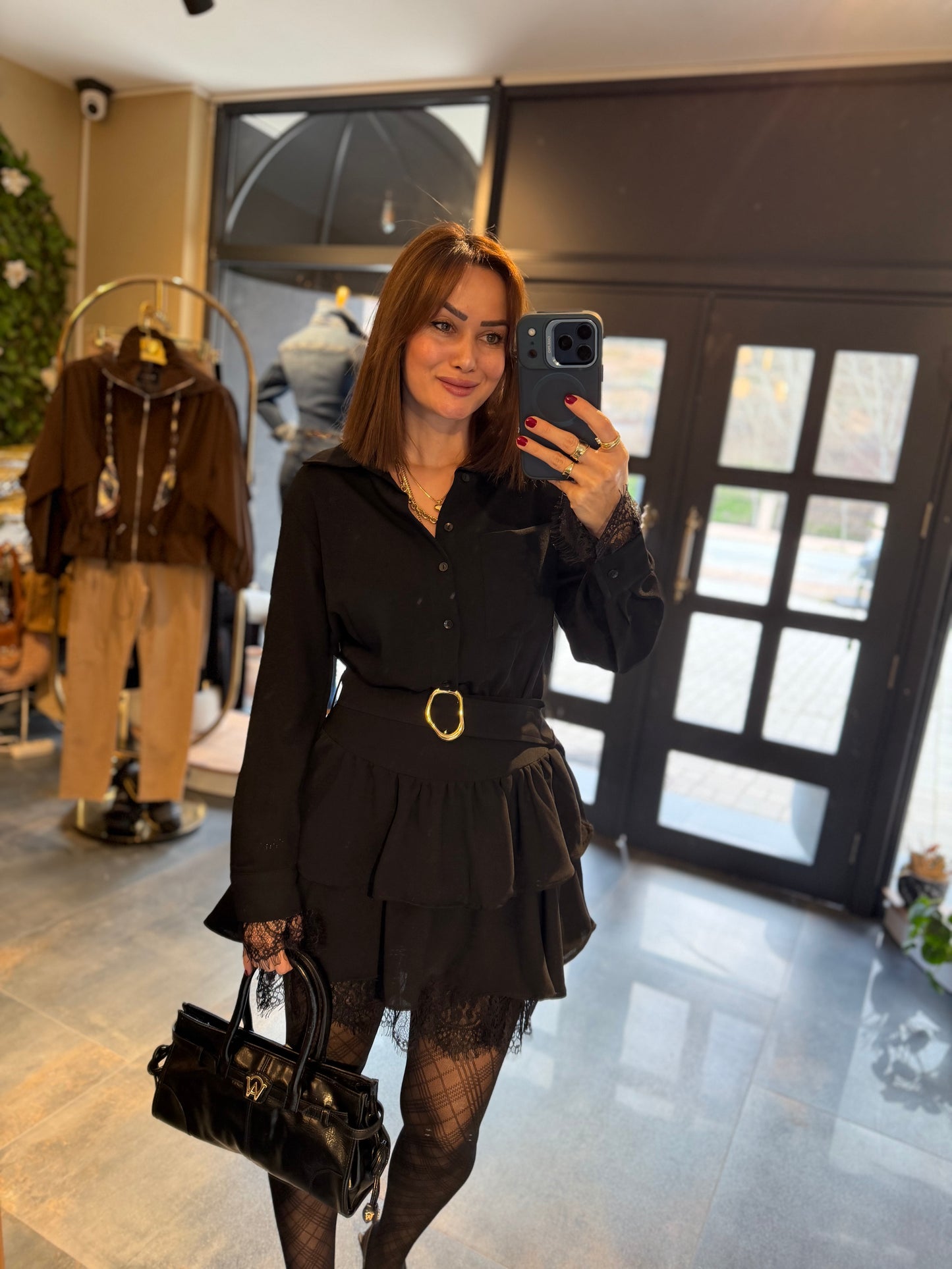 Angeles Siyah Dantel Detaylı Elbise