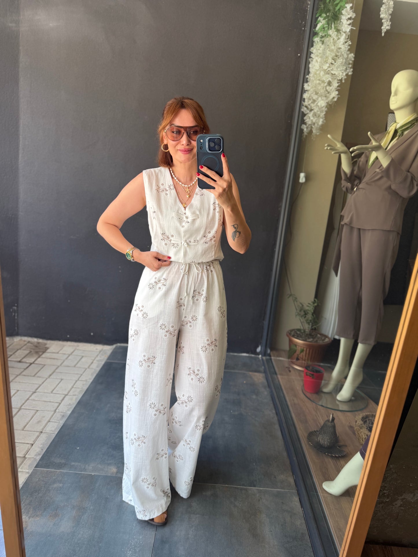 Premium Nakış İşlemeli Keten Görünümlü Yelek Pantolon Kadın Takım