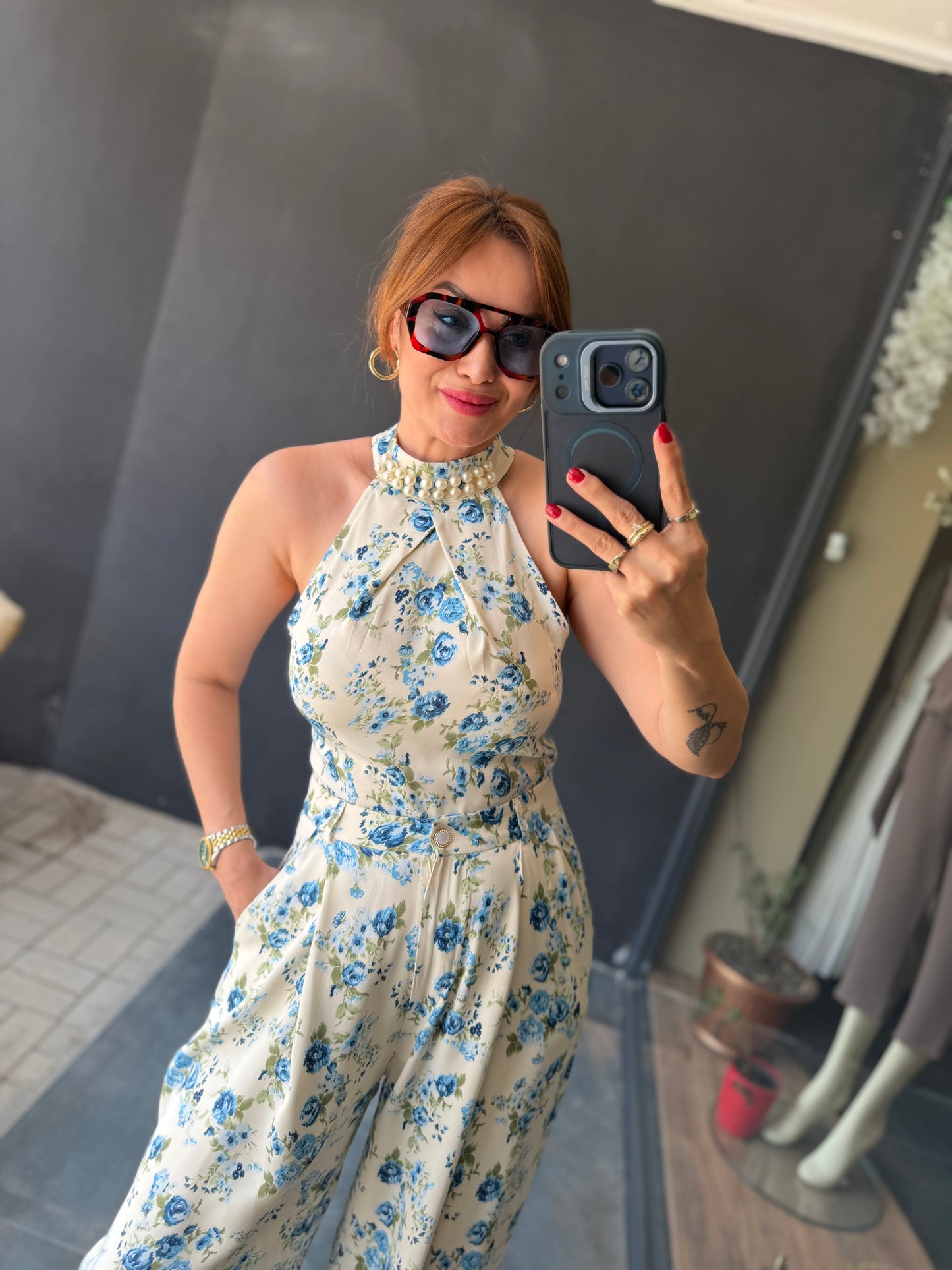 Mavi Çiçek Desenli Halter Yaka Yazlık Palazzo Pantolon Takım
