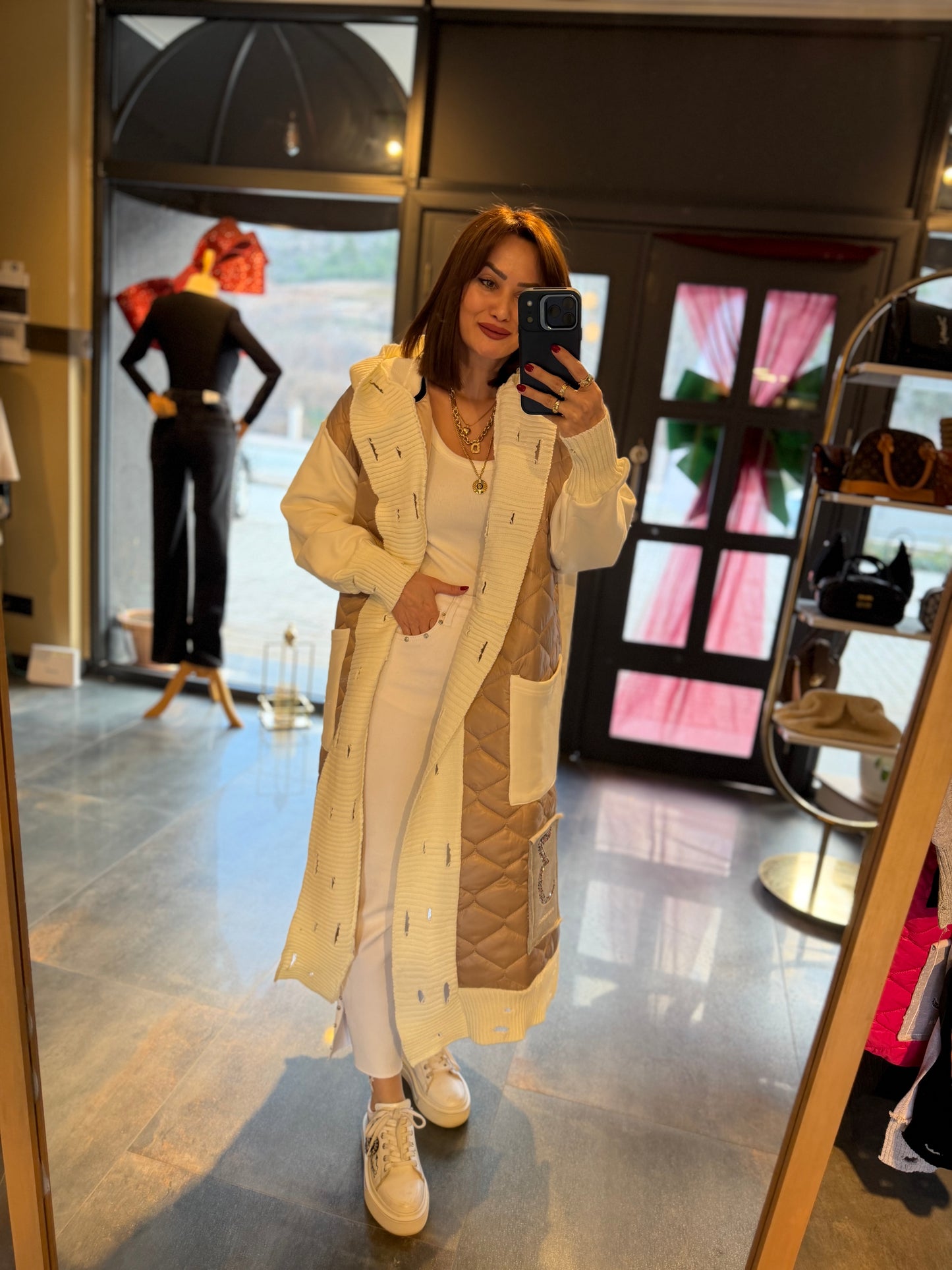 Linen Bej Capitone Detay Hırka